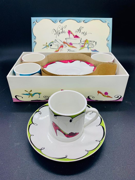 Set of four boxed espresso cups and saucers, Haute shoes by Rosama