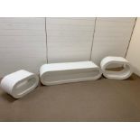 A white oval TV unit with side tables (tv unit H36cm W140cm D40cm side table H50cm W70cm D35cm)