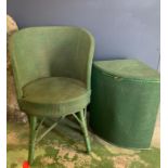 A green Lloyd Loom vintage chair with matching laundry corner basket