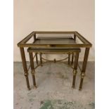 Two Nesting Brass occasional tables (One AF Missing glass) 46cm x 41 cm x 41 cm and 36 cm sq.