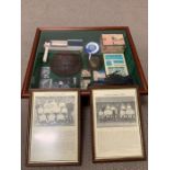 A Vintage Tottenham Hotspur Football Display case with programme and various football ephemera and