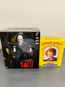 A SAW 12" Push Button Character and a Neca 'Chucky' Headknocker