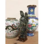 A 19th Century Chinese Vase, a Canton enamel vase, and a Jadeite figure of a god.