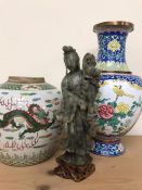 A 19th Century Chinese Vase, a Canton enamel vase, and a Jadeite figure of a god.