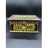 A walnut work box with inlay to lid along with a wooden tea caddy and two hinged boxes