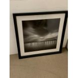 A black and white picture of Jetty in a lake in a black frame