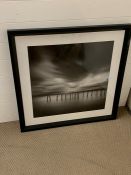 A black and white picture of Jetty in a lake in a black frame