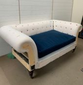 Two seater upholstered sofa on brass castors (H87cm W190cm D110cm) (possibly Ralph Lauren)