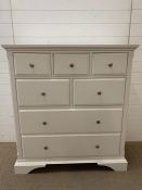 White chest of three over two over two chest of drawers with silver contemporary handles (H113cm