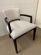 An silver/grey open armchair/dressing table chair with scrolled back