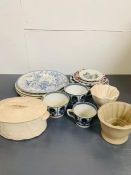 A selection of porcelain and vintage ceramics, including some jelly molds and lidded butter dish