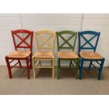 Set of four harlequin pine kitchen chairs with rush seats