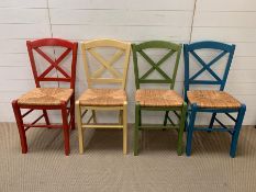 Set of four harlequin pine kitchen chairs with rush seats