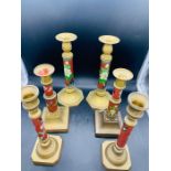 A Selection of three pairs of Contemporary Chinese Cloisonne candlesticks, red grounds.