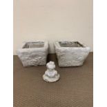 A pair of square garden plant pots with small frog figure