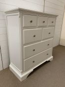White chest of three over two over two chest of drawers with silver contemporary handles (H113cm