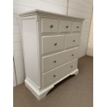 White chest of three over two over two chest of drawers with silver contemporary handles (H113cm