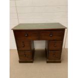 George II style knee hole desk/dressing table with green leather top and deep drawers to side AF