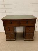 George II style knee hole desk/dressing table with green leather top and deep drawers to side AF