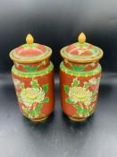 A Pair of Chinese Contemporary Cloisonne lidded vases on red grounds (24 cm H)