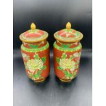 A Pair of Chinese Contemporary Cloisonne lidded vases on red grounds (24 cm H)