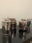 Selection of white metal ice buckets, hammered wine buckets and lidded pot with bird handles