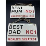 Two ceramic plaques, No1 Best Dad and No1 Best Mum