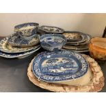 A Large selection of blue and white china to include platters, bowls, meat dishes etc.