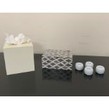 A selection of bathroom items to include, tissue holder, four toothbrush holders and a trinket box
