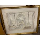 Pencil and water colour of Wimborne Minster Dorset 1877 in a gilt frame