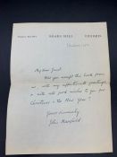 Signed letter from poet, John Masfield. Poet Laureate from 1930-1967.