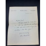 Signed letter from poet, John Masfield. Poet Laureate from 1930-1967.