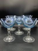 Five aquamarine champagne coupes/dessert glasses