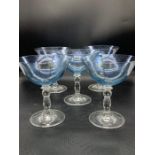 Five aquamarine champagne coupes/dessert glasses