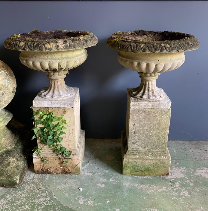 A pair of reclaimed stone urn planters on square plinth (H82cm Dia49cm Base 28cm) - Image 2 of 2