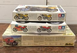 Three model kits to include Tamiya Suzuki RGB500 Prix Racer, Tamiya Yamaha YZR500 Grand Prix Racer