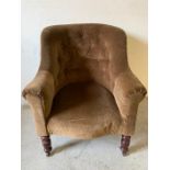 Button back lounge chair on turned legs and castors (H94cm W70cm D74cm)