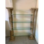 Corinthian column shelving unit, fiberglass columns with glass shelfs (H179cm W138cm Base 30cm sq)