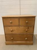 Pine chest of drawers, two long drawers over two (H90cm W92cm D55cm)