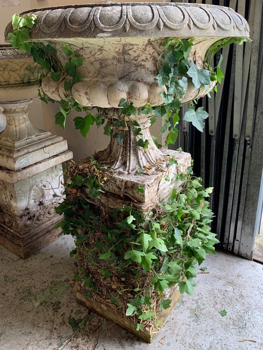 Large reclaimed garden urn on plinth (H120cm Dia82cm Base 38cm sq)