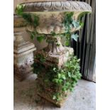 Large reclaimed garden urn on plinth (H120cm Dia82cm Base 38cm sq)