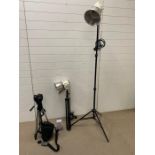 Selection of studio photography lights, and cannon camera DS126071, No 1730735870 and tripod