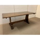 Solid oak dining table with carved straighter to base (H75cm W183cm D90cm)