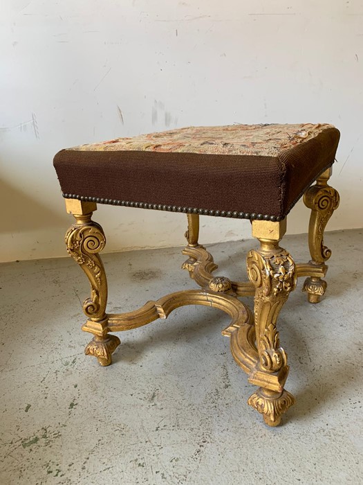 A gilt framed and needle work upholstered stool with scrolled legs and cross stretcher (H53cm - Image 5 of 5