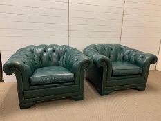 Green leather Chesterfield suite comprising of two armchairs and a sofa (chair W110cm H68cm D90cm