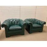 Green leather Chesterfield suite comprising of two armchairs and a sofa (chair W110cm H68cm D90cm