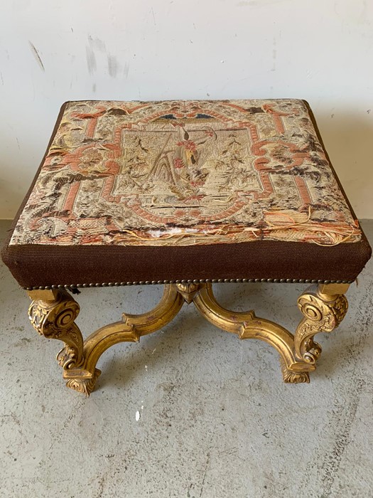 A gilt framed and needle work upholstered stool with scrolled legs and cross stretcher (H53cm - Image 2 of 5
