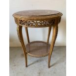Oval marble topped gilt centre table with pierced frieze and cane shelf on cabriole legs (H78cm