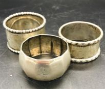 A selection of three silver napkin rings, all hallmarked.