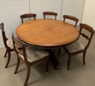 A mahogany breakfast table with circular top on tri form base with scrolled feet and a set of six